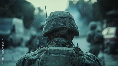 portrait d'un militaire de dos avec casque lourd et tenue de combat  photo