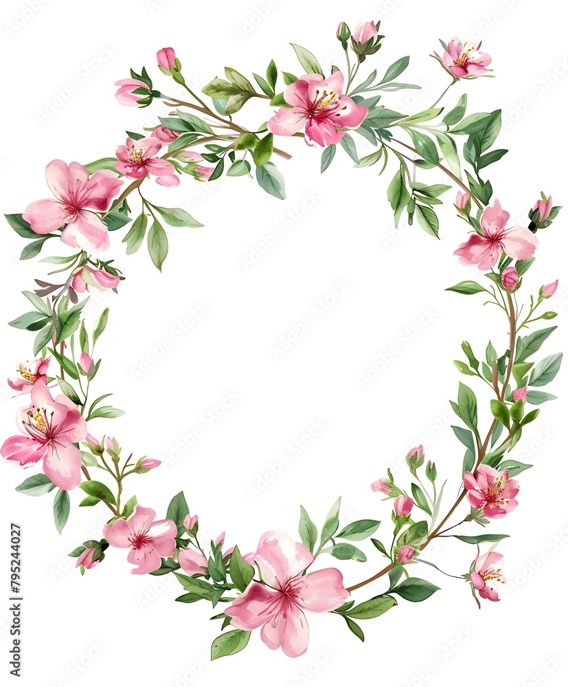 Watercolor floral wreath with pink flowers and green leaves isolated on white background.