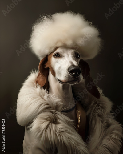 A fashionable female Poodle dog posing as a charismatic diva, stylish and classy, dressed like a rich and elegant human celebrity