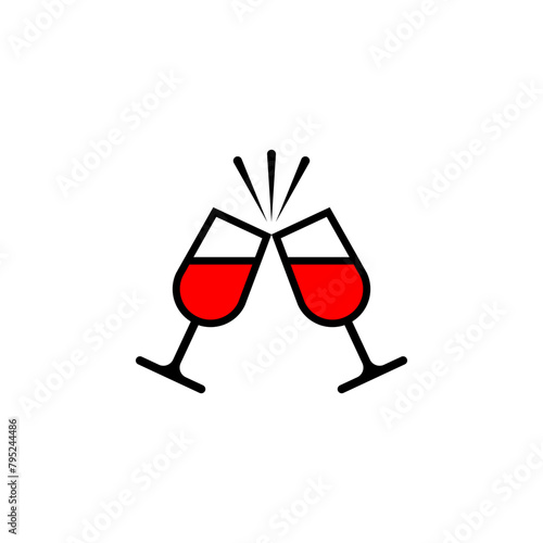 Icon of two glasses with red wine. Clink, cheers and toasting. Line and outline style. Vector on a white background.