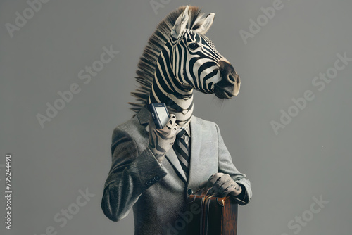 A zebra wearing a sleek striped suit  holding a cellphone and briefcase  symbolizing business acumen  against a metropolitan grey background.