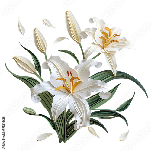 Elegant paper-style white lily flower bouquet illustration on white background.