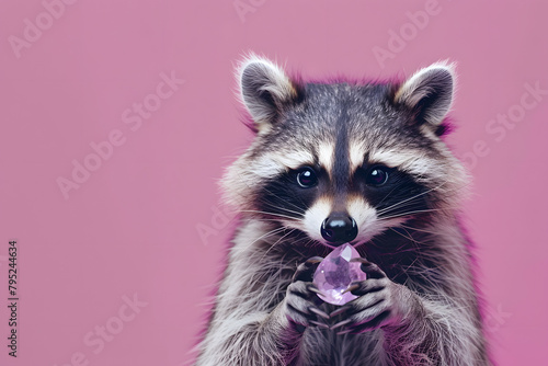 A raccoon as a skilled jeweler, examining a gemstone closely, set against a solid purple background © STUDIO COLORS