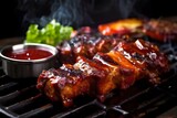 delicious tasty american style pork ribs with bbq sauce on the grill