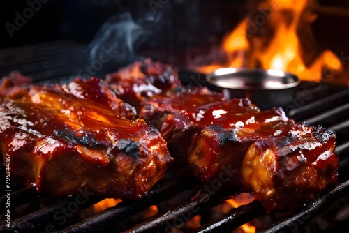 delicious tasty american style pork ribs with bbq sauce on the grill photo