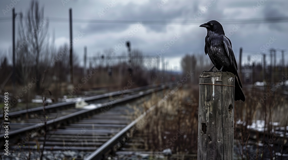 Fototapeta premium Raven Overlooking Winter Railroad Scene