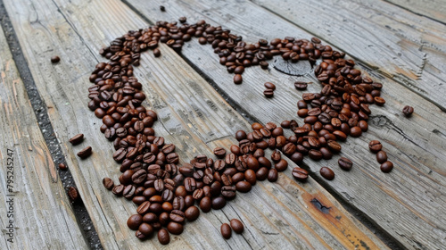 Composition of coffee beans in the shape of a heart on a surface of wooden boards, banner