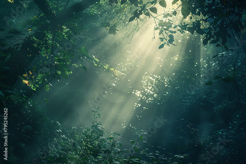 An enchanting image of a forest bathed in dappled sunlight, with rays filtering through the dense canopy, creating a magical atmosphere.