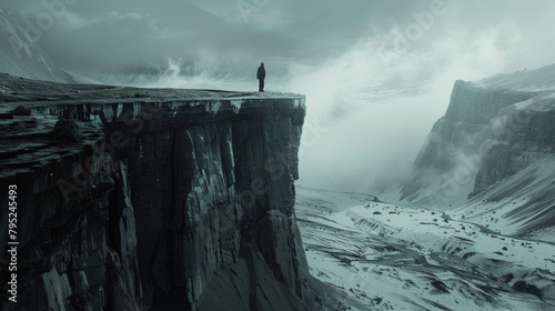 silhouette d'un homme seul au bord d'un précipice en haut d'une falaise