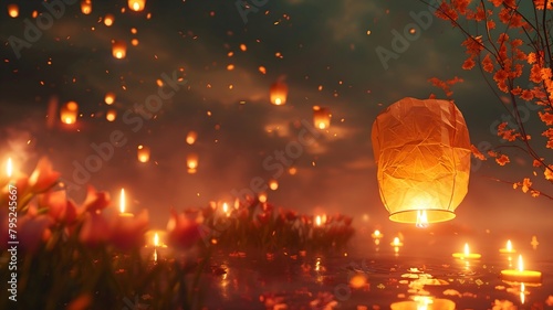  An ethereal scene merging the solemnity of Memorial Day with the enchantment of the Lantern Festival, with lanterns illuminating a quiet memorial site against a backdrop of serene solid white. 