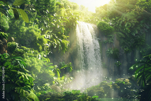 An enchanting image of a majestic waterfall surrounded by lush greenery  with the sunlight creating a sparkling mist in the air.