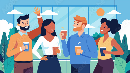 A group of coworkers on the office patio sipping drinks and laughing after a successful week of completing their designated tasks on the chore
