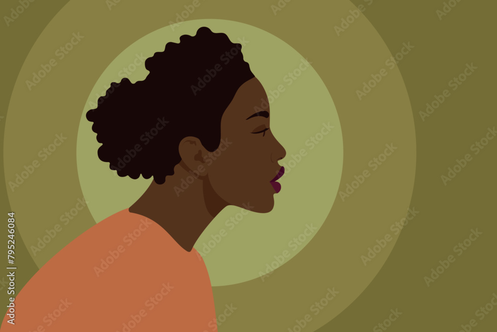 Beautiful young black woman, side view. African-American. The elegant profile of the model with dark hair and dark skin. Vector flat illustration. A girl on an olive and pistachio background