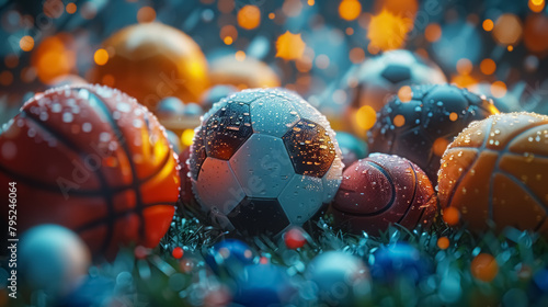 assorted sports balls on a field with vibrant colors and bokeh lights photo