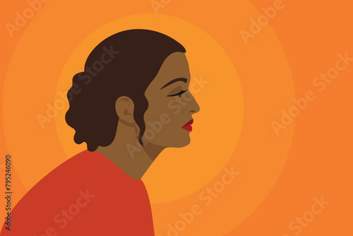 Beautiful young Indian woman, side view. An Indian woman. The elegant profile of the model with dark hair and dark skin. Vector flat illustration. A girl on a bright orange background