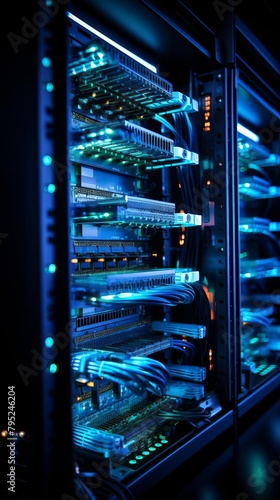 Highspeed network servers and data storage units, isolated against a solid black background, closeup view showcasing backbone technology of the internet