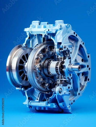 Hydroelectric power components like turbines and gears, isolated on a pure solid blue background, closeup emphasizing renewable energy tech