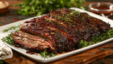 Smoked brisket cooked low and slow until tender and flavorful, sliced to reveal its juicy texture, presented on a white platter to showcase the artistry and skill behind this BBQ classic.