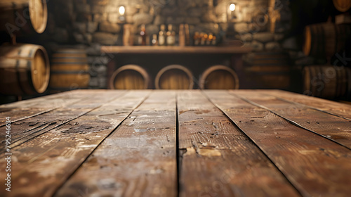 Wooden table in front of wine cellar with barrel and wine barrels photo