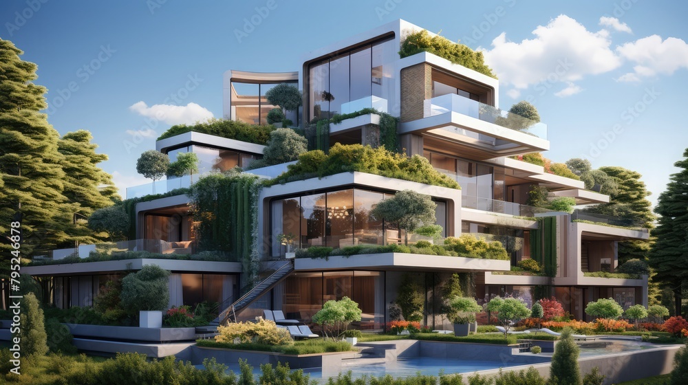 Modern residential building with garden terraces,