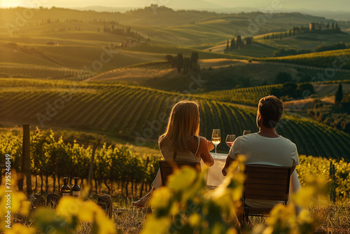 Couple enjoying a wine tasting session in a scenic Tuscan vineyard