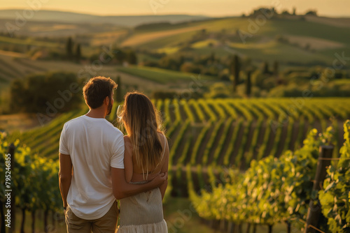 Couple savoring a wine tasting experience in a lush Tuscan vineyard