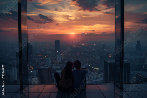 Couple enjoying a romantic sunset from a mountain peak