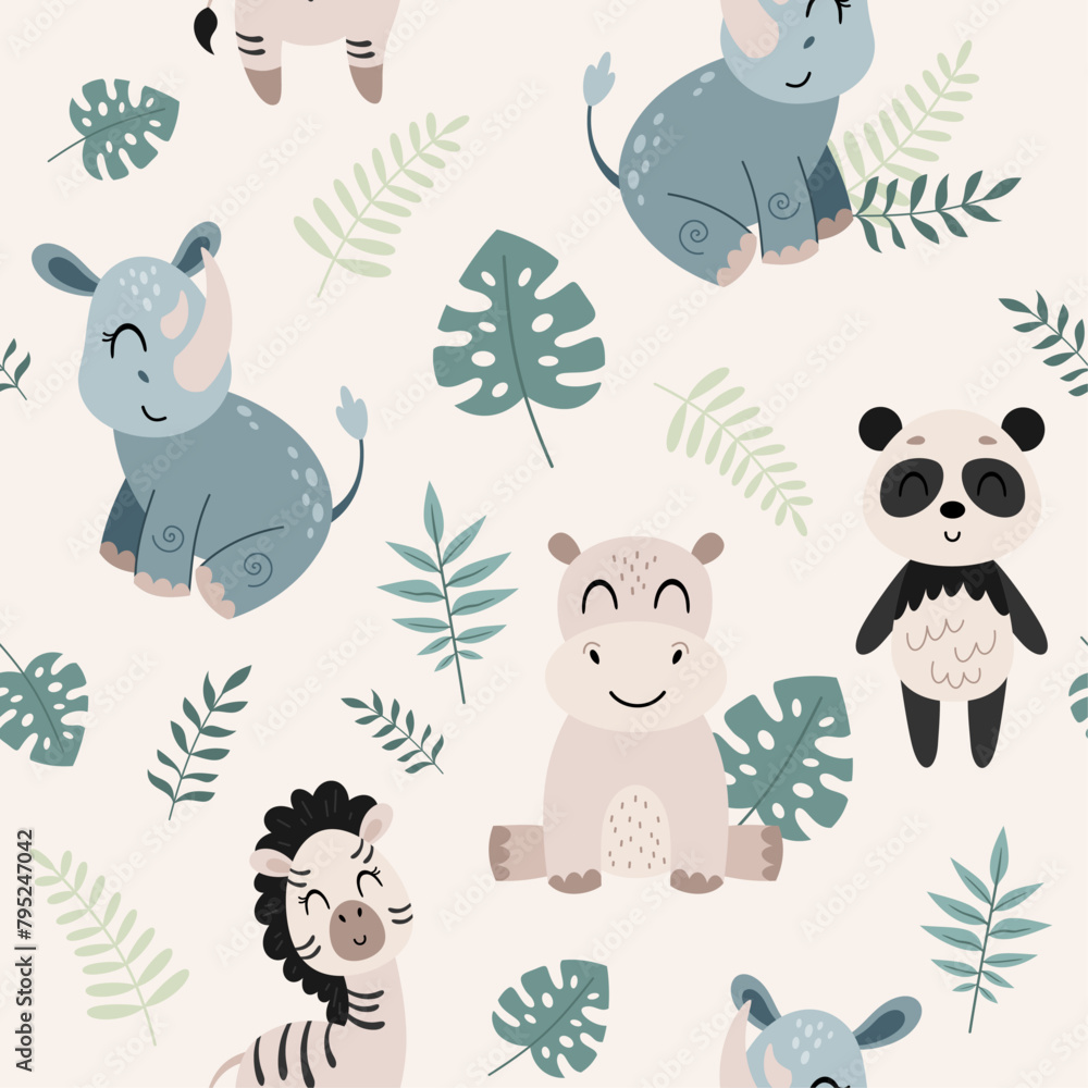 Jungle animal Seamless pattern in flat style. Safari digital paper with panda, hippo, rhino and tropical leafs. Jungle animals pattern. Hand drawn vector pattern