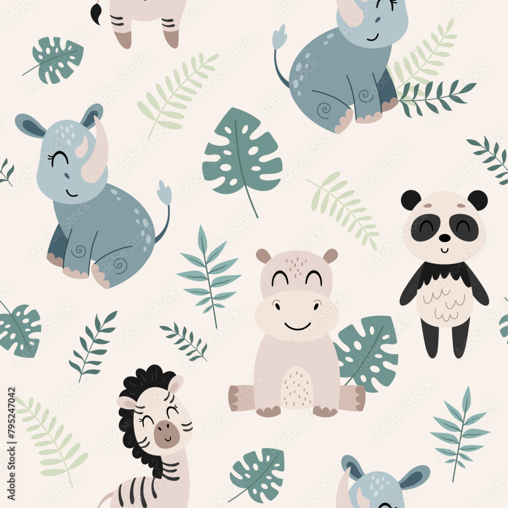 Fototapeta premium Jungle animal Seamless pattern in flat style. Safari digital paper with panda, hippo, rhino and tropical leafs. Jungle animals pattern. Hand drawn vector pattern