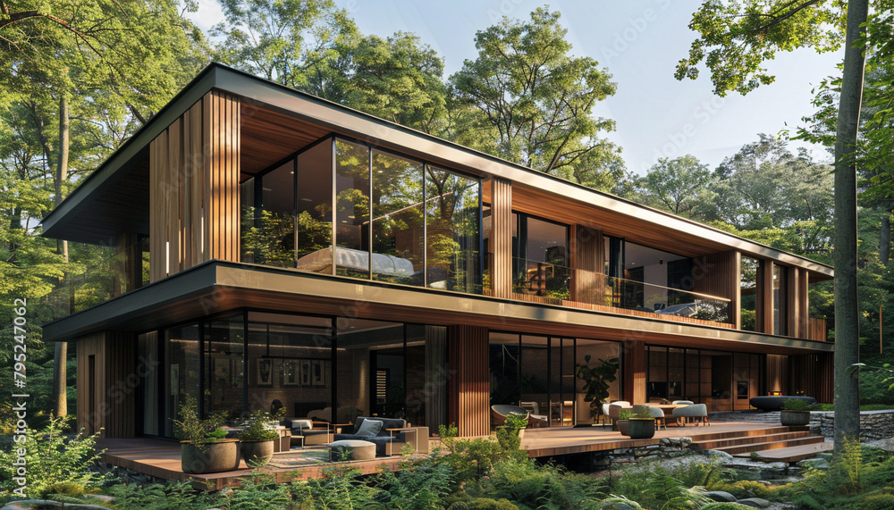 Modern forest home with natural wood facades and large windows, integrating seamlessly with the surrounding trees on a sunny day.