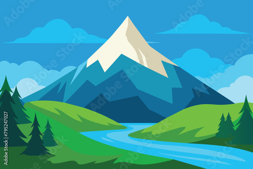 Beautiful mountain view. A large mountain surrounded by a river. Vector illustration design