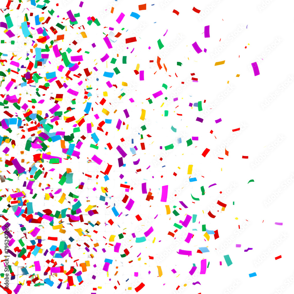 A colorful array of confetti pieces, predominantly red, scattered across a white background.