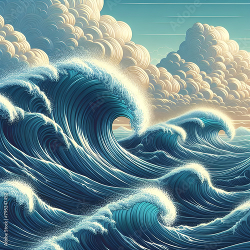 illustration of high waves. blue sea with strong waves close up