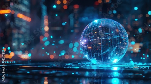 Sparkling round glass ball with tall buildings in the background.