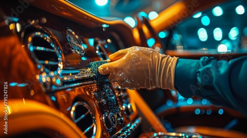 capturing the intricate process of a technician meticulously using a detailing brush to clean the intricate areas of a luxury car's dashboard and console