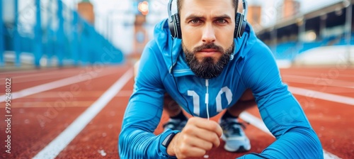 Young athletic man wearing headphones enjoying music while engaging in outdoor sports activities