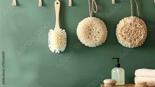 Bath loofahs with massage brush hanging on green wall photo