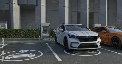 Generic electric car charging at station dock point in parking lot near shopping or office building. 3D animation of city street power hub providing eco-friendly sustainable supply for EV vehicle