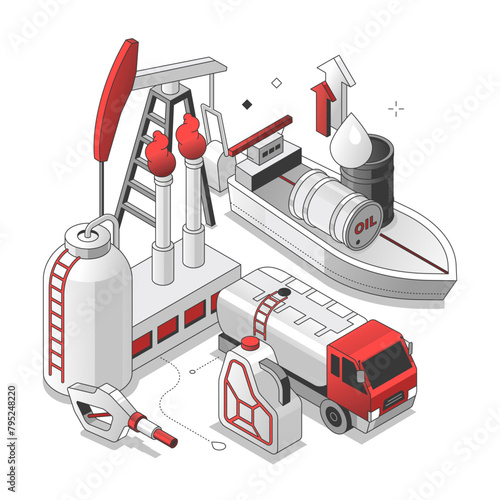 Oil industry - isometric red and black line illustration. Procession and marketing of petroleum products. Barrels, pump, plant, canister, drop, tank, tanker, transportation, fuel nozzle images