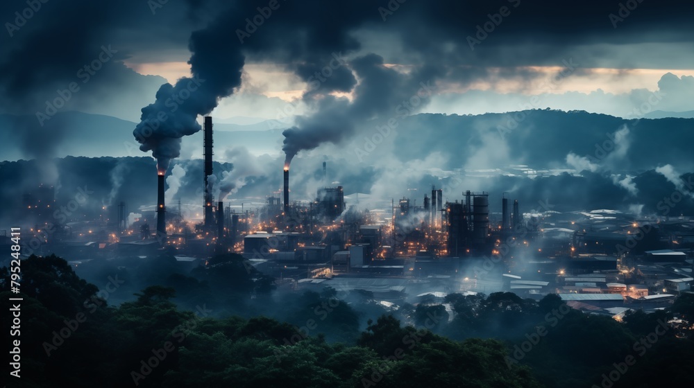 Industrial Facility Emitting Pollution into the Atmosphere at Dusk.