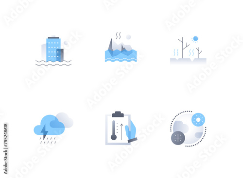 Ecological disasters - flat design style icons set. High quality colorful images of flooding in the city, melting glaciers, desertification, drought, storm and thunderstorm, global warming idea
