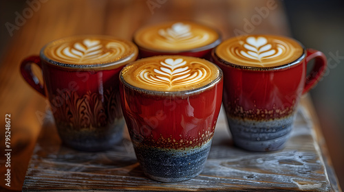 The café prepares a latte by pouring steamed milk into a red mug on the espresso machine.creating beautiful latte art on the surface of the coffee and milk in the mug. photo