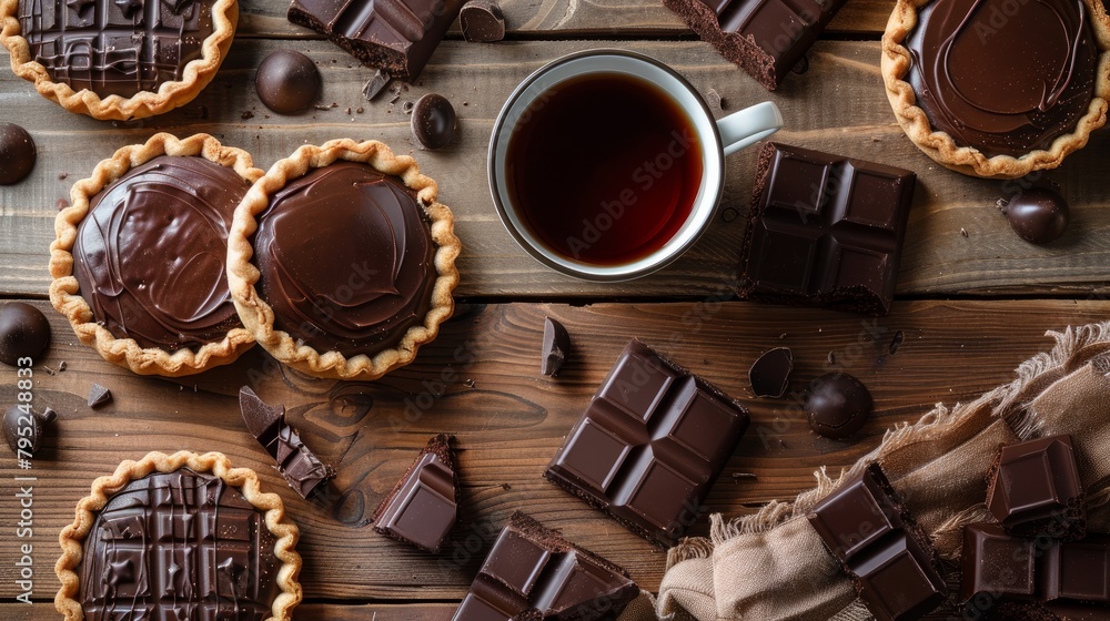 Tasty choco pies and tea on wooden table, flat lay Tasty choco pies and tea on wooden table, flat lay