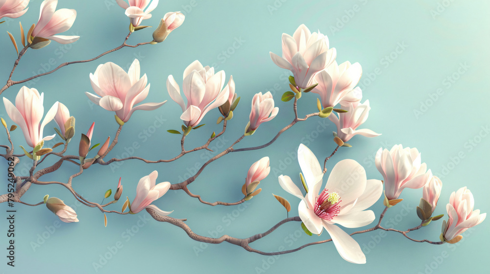 Beautiful blossoming magnolia tree on blue background.