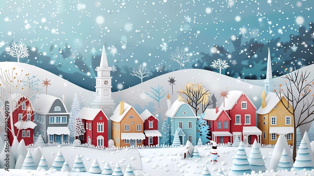 Village City Landscape Rural Urban Snow Winter, paper art and digital craft style.