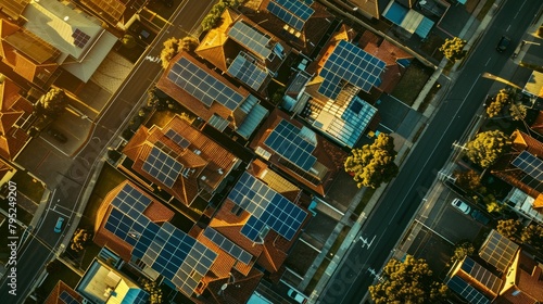 Aerial view of solar panels on suburban homes at sunset