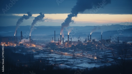 An industrial complex with smoking chimneys during dusk, signifying heavy pollution.