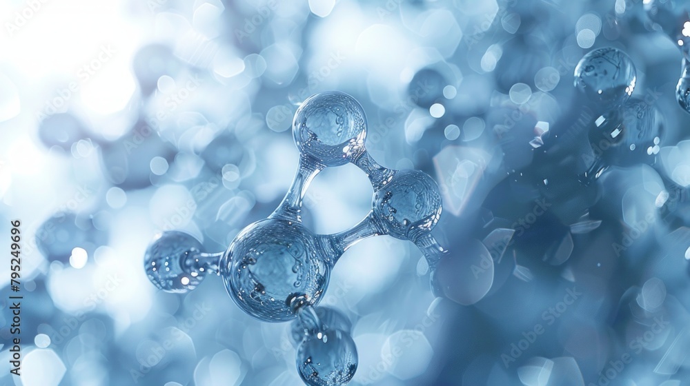 3D glass molecules or atoms on a light blue background. Concept of biochemical, pharmaceutical, beauty, medical. Science or medical background. 3D glass molecules or atoms on a light blue background. Concept of biochemical, pharmaceutical, beauty, medical. Science or medical background.