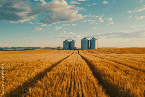 Aerial perspective showcasing the expansive wheat field with central grain silos, illustrating the harmonious relationship between agricultural production and the natural environment photo