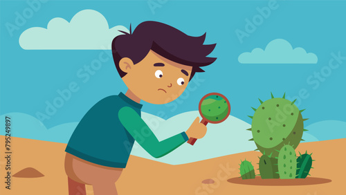 A boy carefully examining a small cactus with a magnifying glass fascinated by its spiny texture and desert origins.